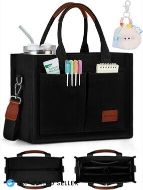 Structured Canvas Tote Bag Multi-Compartment Zippered Purse Work Travel with